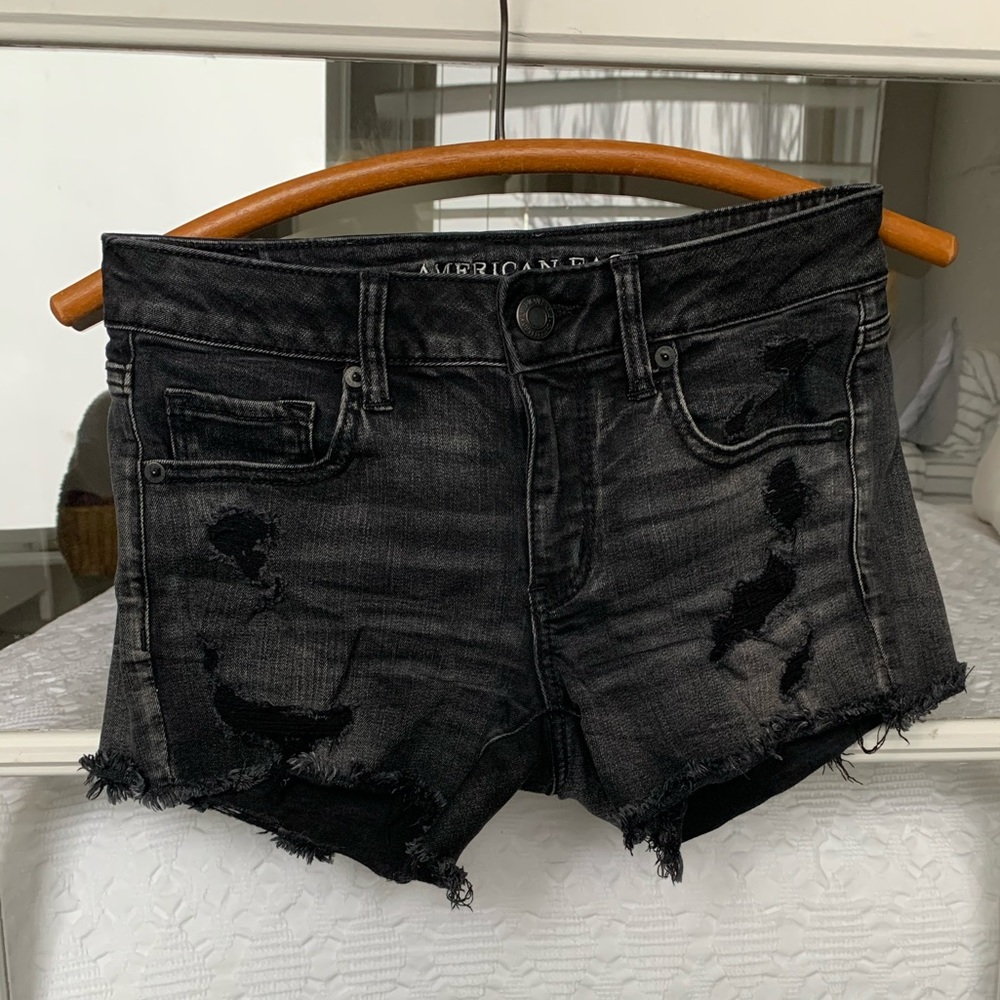 American Eagle distressed black denim shorts